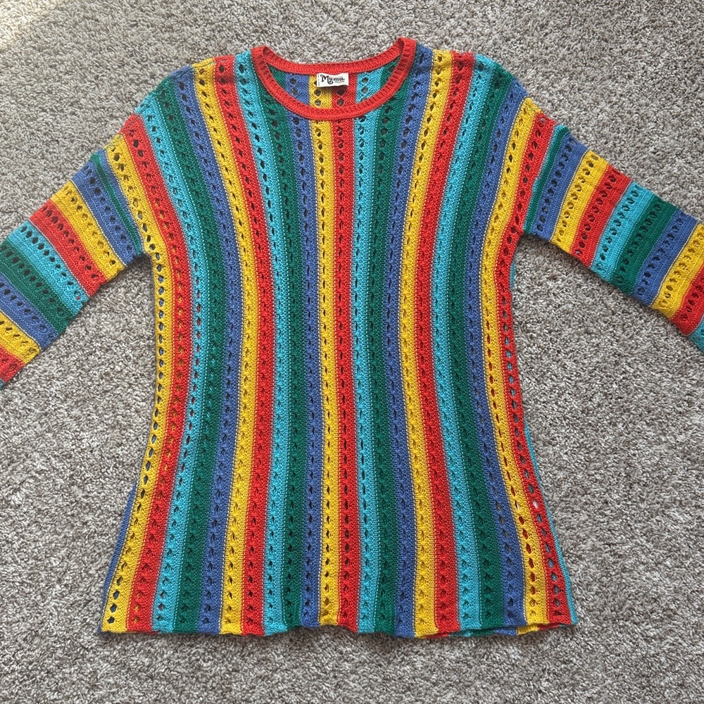 Show Me Your MuMu Cruz Rainbow Striped Perforated Colorful Knit Crochet Sweater - Picture 3 of 8